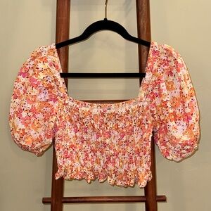 Rhythm Floral Puff Sleeve Crop Top - Pink and Orange